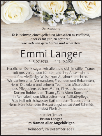 Traueranzeige von Emmi Langer von Wochenspiegel Naumburg/Nebra
