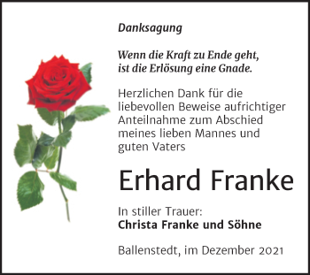 Traueranzeige von Erhard Franke von Trauerkombi Quedlinburg
