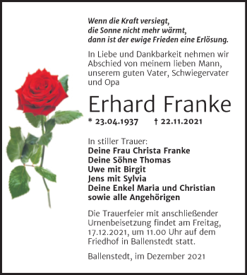 Traueranzeige von Erhard Franke von Trauerkombi Quedlinburg