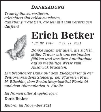 Traueranzeige von Erich Betker von Trauerkombi Sangerhausen