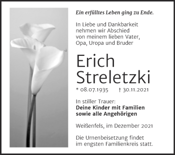Traueranzeige von Erich Streletzki von Trauerkombi Weißenfels