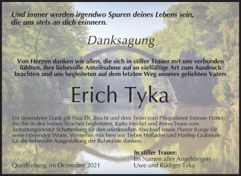 Traueranzeige von Erich Tyka von Trauerkombi Quedlinburg