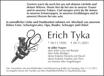 Traueranzeige von Erich Tyka von Trauerkombi Quedlinburg