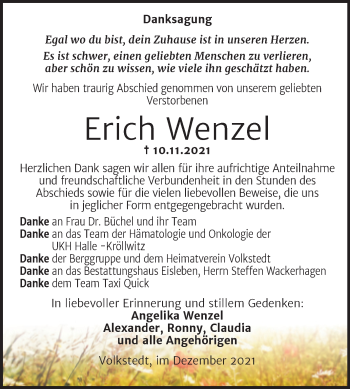 Traueranzeige von Erich Wenzel von Trauerkombi Mansfelder Land
