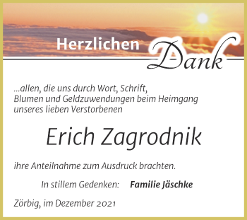 Traueranzeige von Erich Zagrodnik von Trauerkombi Bitterfeld