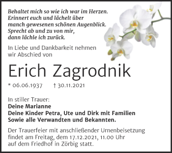 Traueranzeige von Erich Zagrodnik von Trauerkombi Bitterfeld