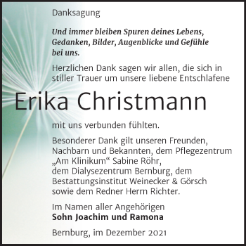 Traueranzeige von Erika Christmann von Trauerkombi Bernburg