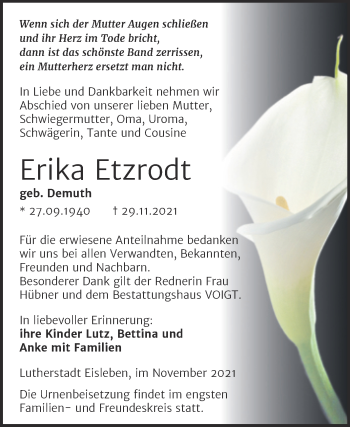 Traueranzeige von Erika Etzrodt von Trauerkombi Mansfelder Land