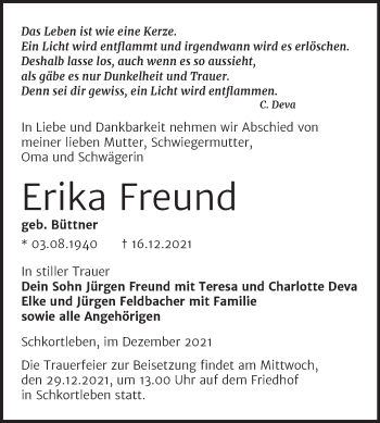 Traueranzeige von Erika Freund von Trauerkombi Weißenfels