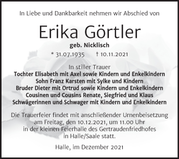 Traueranzeige von Erika Görtler von Mitteldeutsche Zeitung Halle/Saalkreis