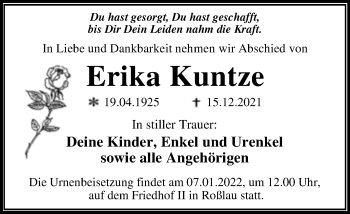 Traueranzeige von Erika Kuntze von Trauerkombi Dessau
