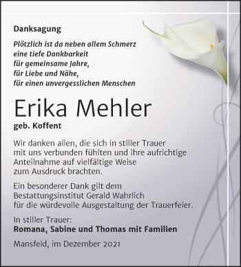 Traueranzeige von Erika Mehler von Trauerkombi Mansfelder Land