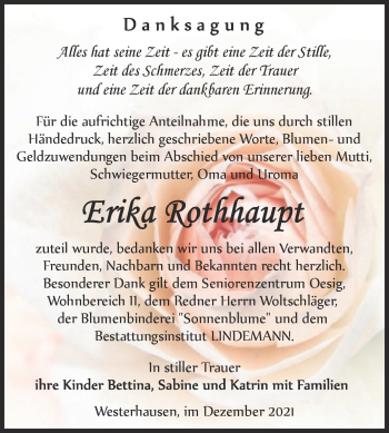 Traueranzeige von Erika Rothhaupt von Trauerkombi Quedlinburg