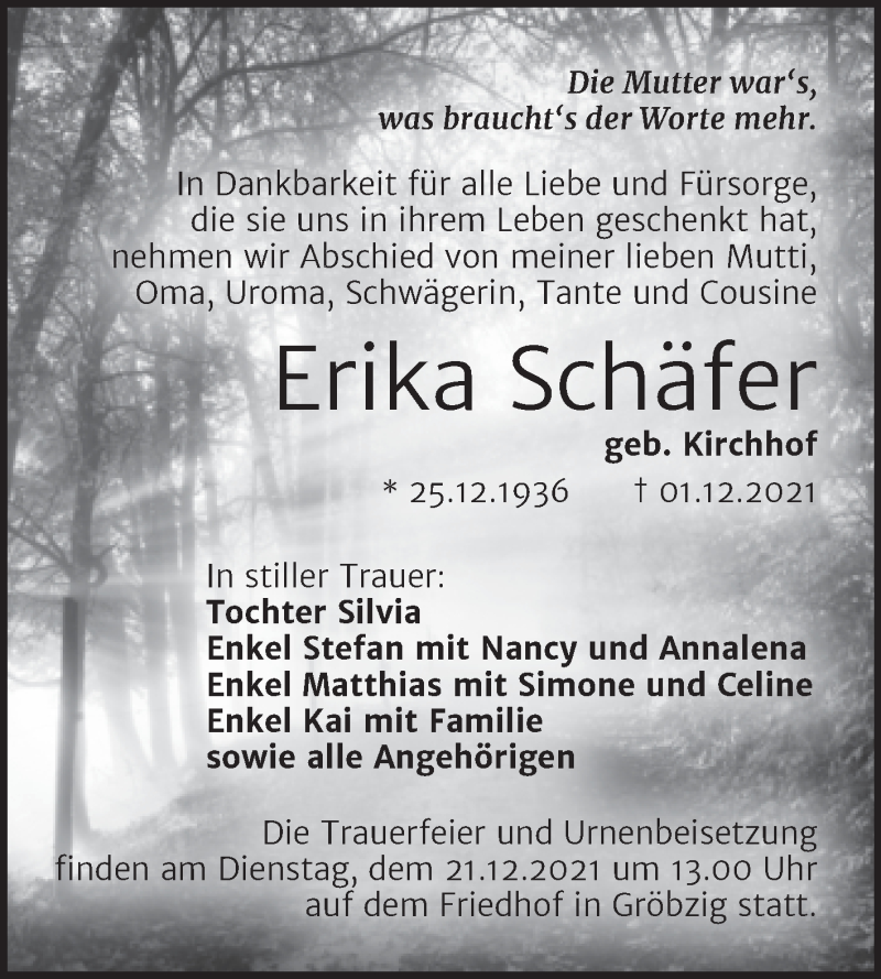  Traueranzeige für Erika Schäfer vom 11.12.2021 aus Trauerkombi Köthen