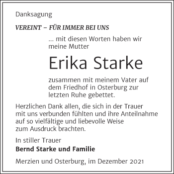 Traueranzeige von Erika Starke von Trauerkombi Köthen