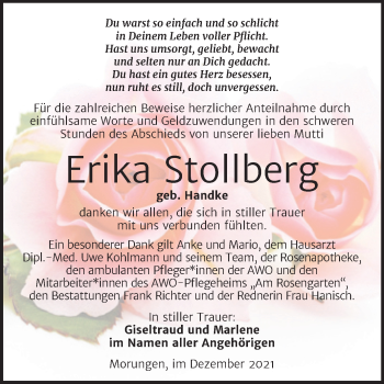 Traueranzeige von Erika Stollberg von Trauerkombi Sangerhausen
