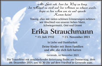 Traueranzeige von Erika Strauchmann von Trauerkombi Quedlinburg