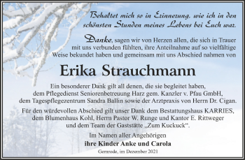 Traueranzeige von Erika Strauchmann von Trauerkombi Quedlinburg