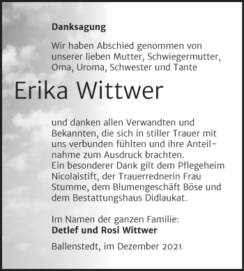 Traueranzeige von Erika Wittwer von Trauerkombi Quedlinburg
