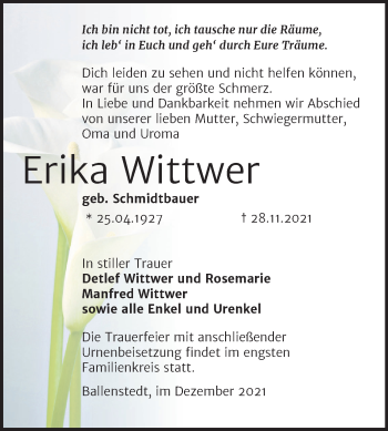 Traueranzeige von Erika Wittwer von Trauerkombi Quedlinburg