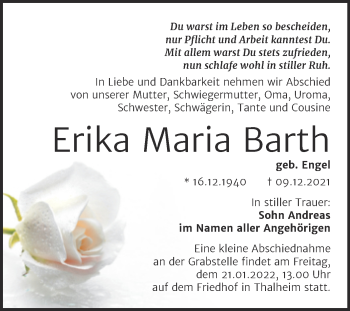 Traueranzeige von Erika Maria Barth von Trauerkombi Bitterfeld
