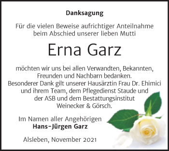 Traueranzeige von Erna Garz von Trauerkombi Bernburg