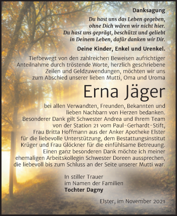 Traueranzeige von Erna Jäger von Trauerkombi Wittenberg