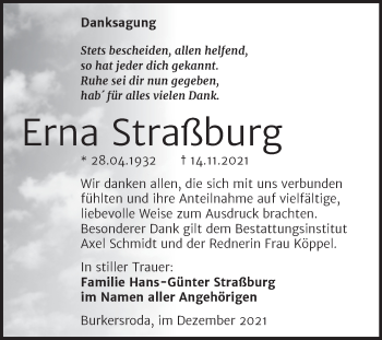 Traueranzeige von Erna Straßburg von Wochenspiegel Naumburg/Nebra