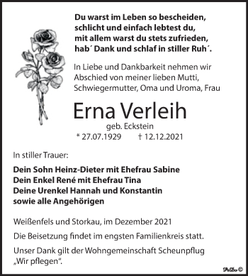Traueranzeige von Erna Verleih von Trauerkombi Weißenfels