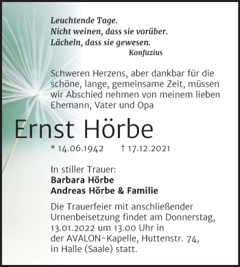 Traueranzeige von Ernst Hörbe von Mitteldeutsche Zeitung Halle/Saalkreis