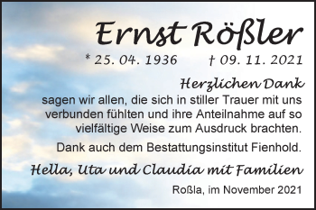 Traueranzeige von Ernst Rößler von Trauerkombi Sangerhausen