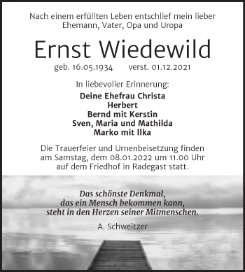 Traueranzeige von Ernst Wiedewild von Trauerkombi Köthen