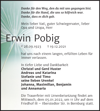 Traueranzeige von Erwin Pobig von Trauerkombi Bernburg