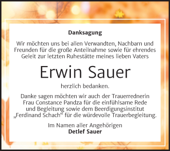 Traueranzeige von Erwin Sauer von Trauerkombi Wittenberg