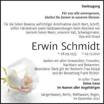 Traueranzeige von Erwin Schmidt von Trauerkombi Sangerhausen