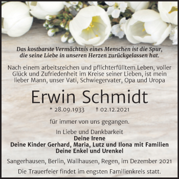 Traueranzeige von Erwin Schmidt von Trauerkombi Sangerhausen