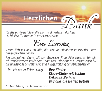 Traueranzeige von Eva Lorenz von Trauerkombi Aschersleben
