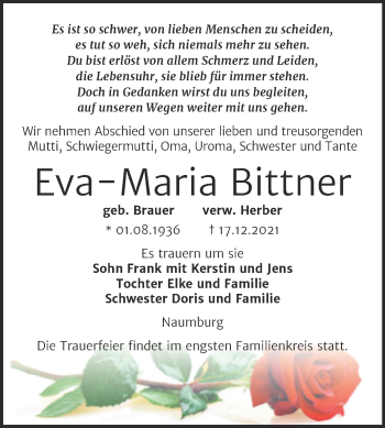 Traueranzeige von Eva-Maria Bittner von Wochenspiegel Naumburg/Nebra