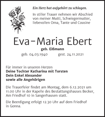 Traueranzeige von Eva-Maria Ebert von Trauerkombi Sangerhausen