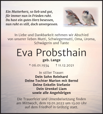 Traueranzeige von Eva Probsthain von Trauerkombi Köthen