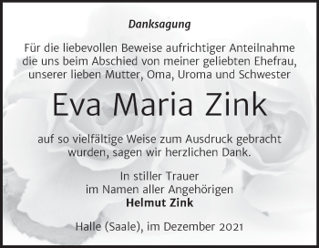 Traueranzeige von Eva Maria Zink von Mitteldeutsche Zeitung Halle/Saalkreis