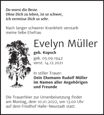 Traueranzeige von Evelyn Müller von Mitteldeutsche Zeitung Halle/Saalkreis