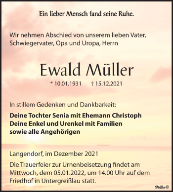 Traueranzeige von Ewald Müller von Trauerkombi Weißenfels