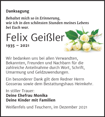 Traueranzeige von Felix Geißler von Trauerkombi Weißenfels