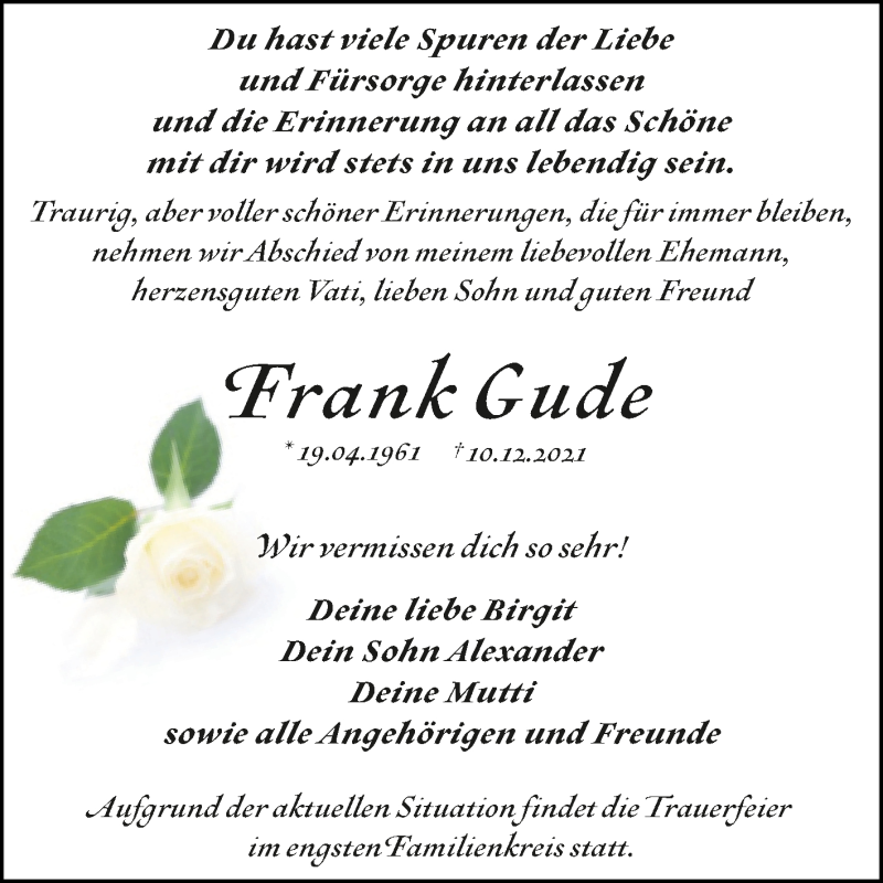  Traueranzeige für Frank Gude vom 17.12.2021 aus Trauerkombi Dessau