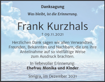 Traueranzeige von Frank Kurzhals von Trauerkombi Merseburg