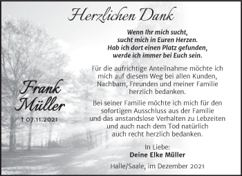 Traueranzeige von Frank Müller von Mitteldeutsche Zeitung Halle/Saalkreis