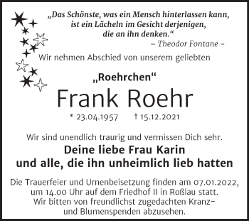 Traueranzeige von Frank Roehr von Trauerkombi Dessau