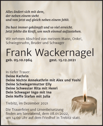 Traueranzeige von Frank Wackernagel von Trauerkombi Wittenberg