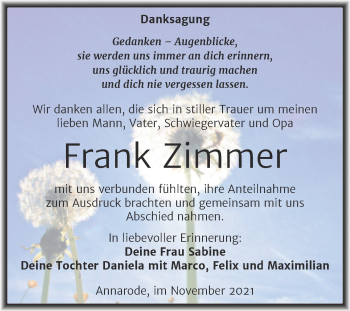 Traueranzeige von Frank Zimmer von Trauerkombi Mansfelder Land